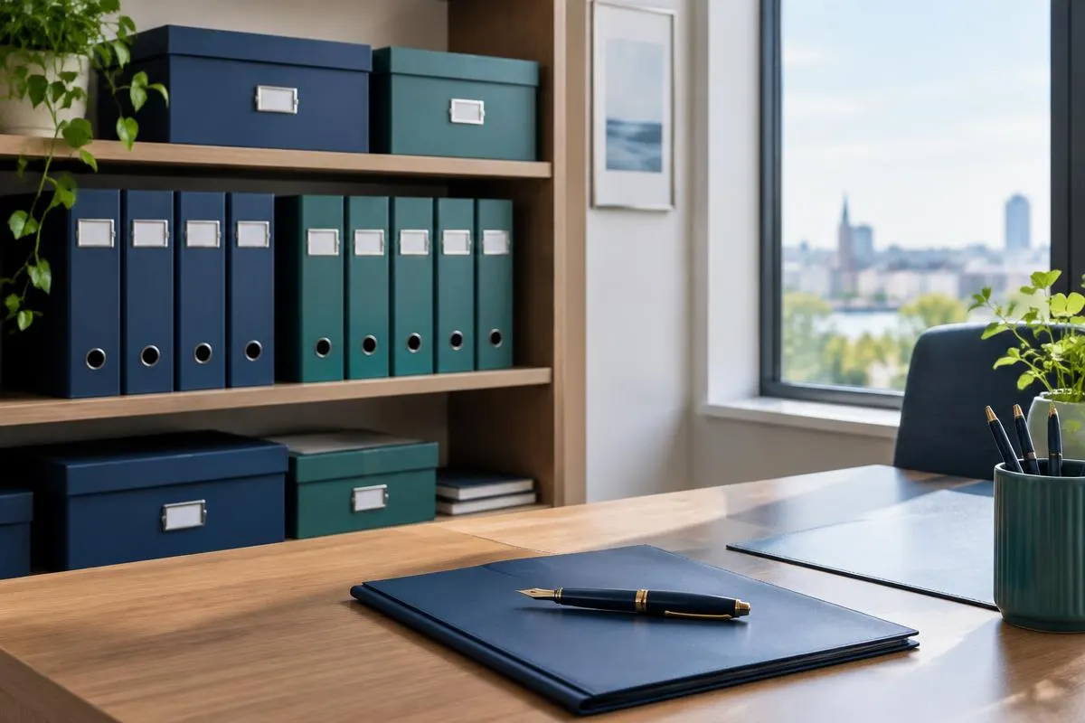 Archivboxen und Ordner in Blau und Grün in einem Regal neben einem Schreibtisch mit Füllfeder