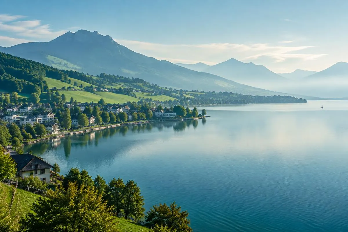 Ruhige Seelandschaft in der Zugersee-Region mit Hügeln im Morgenlicht