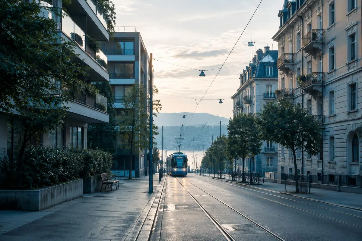 Stimmungsvolle Strasse in einem Zürcher Stadtquartier am Morgen